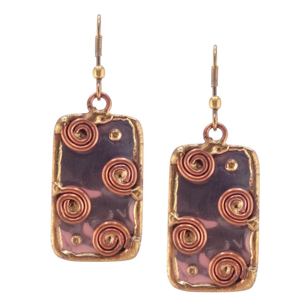 Anju Mixed Metal Rectangle Swirls Earrings Stainless Steel Brass & Copper - NEW